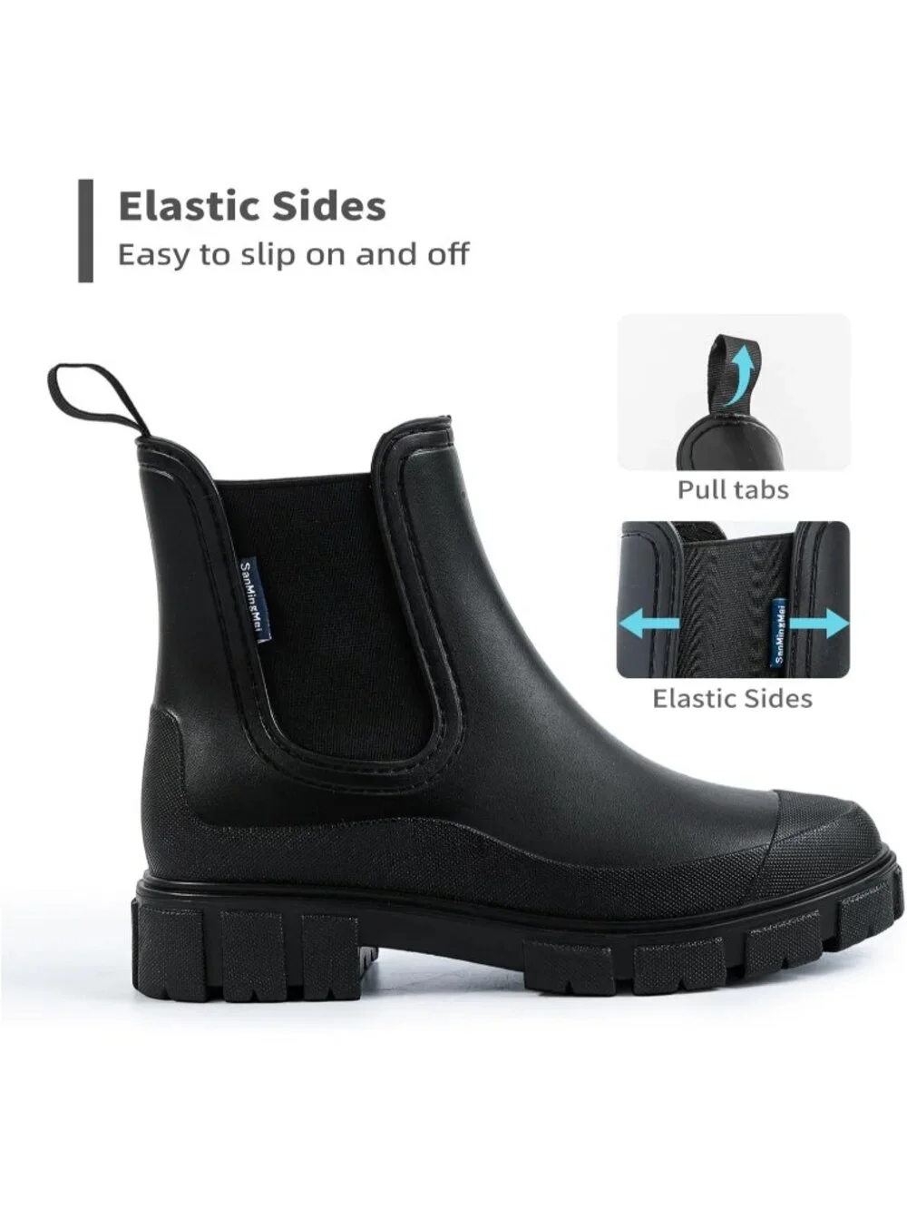 Women's Black Waterproof Slip-Resistant Rubber Short Ankle Chelsea rain Boots
